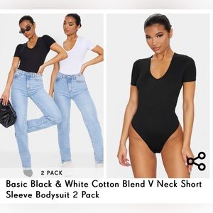 Basic Black & White Cotton Blend V Neck Short Sleeve Bodysuit (2 Pack)